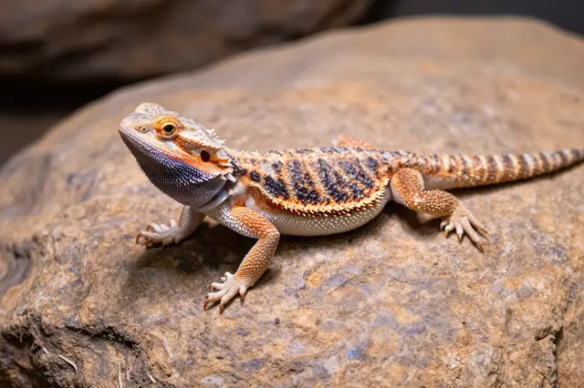 A patterned bearded dragon rests alert on a rough warm brown rock