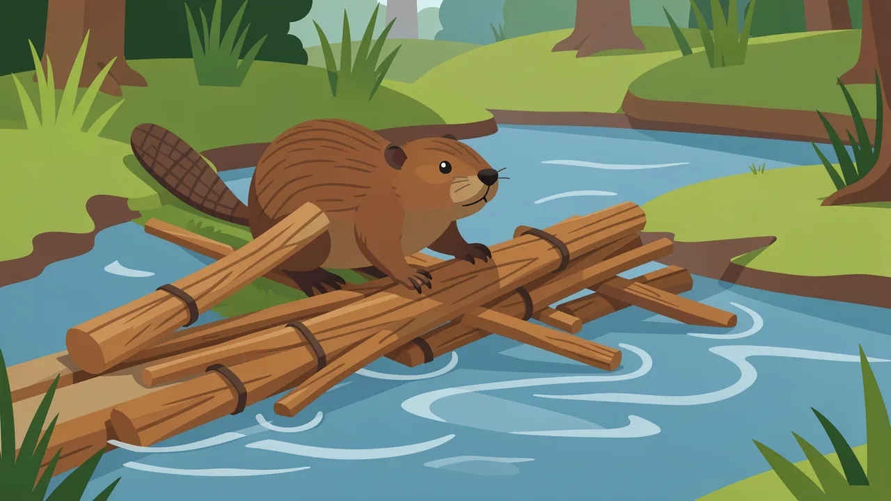 A flat vector beaver stands on a stick dam across a calm forest stream.