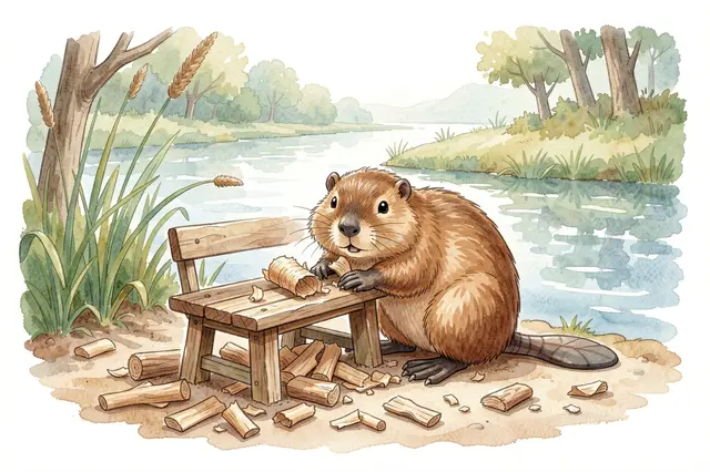 Cute watercolor beaver works on a small wooden bench scattered with wood shavings at a calm river edge.