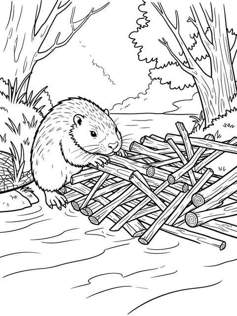 Black and white line art of a beaver positioning sticks to build a dam in a forest stream