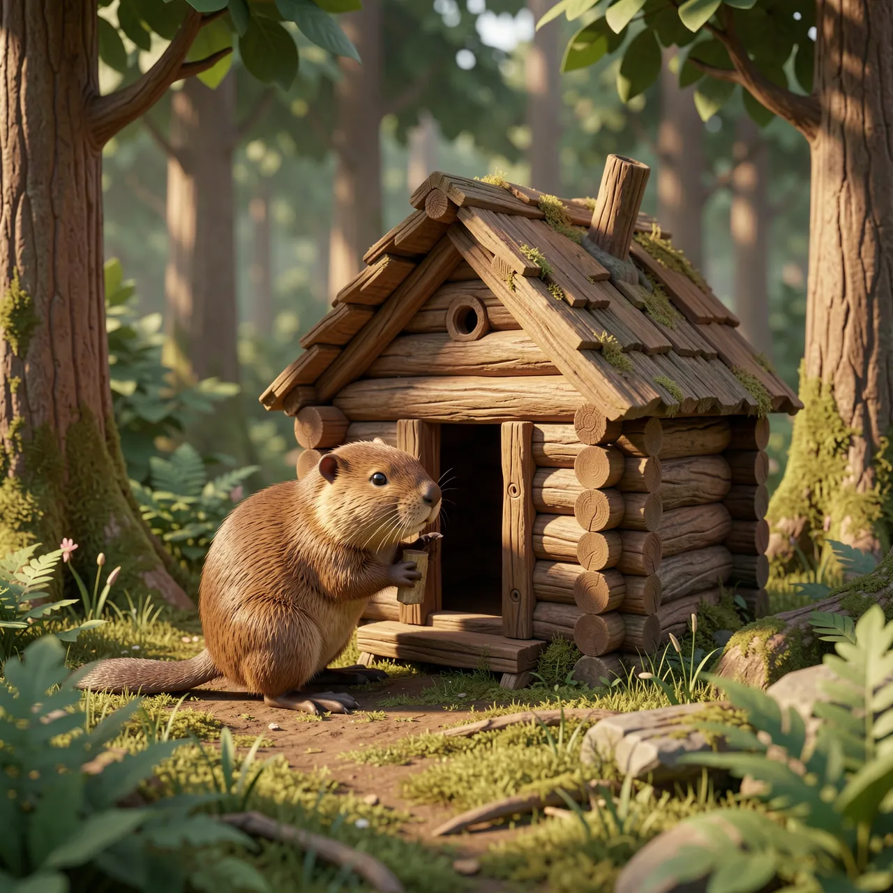 A cute fluffy 3D beaver holds a small log while building a tiny wooden cabin in a sun dappled forest