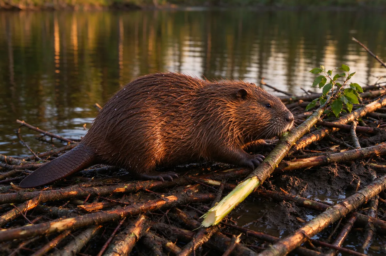 A beaver with wet brown fur holds a cut sapling while standing on a stick and mud dam at golden hour beside calm water.