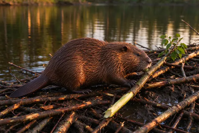 A beaver with wet brown fur holds a cut sapling while standing on a stick and mud dam at golden hour beside calm water.