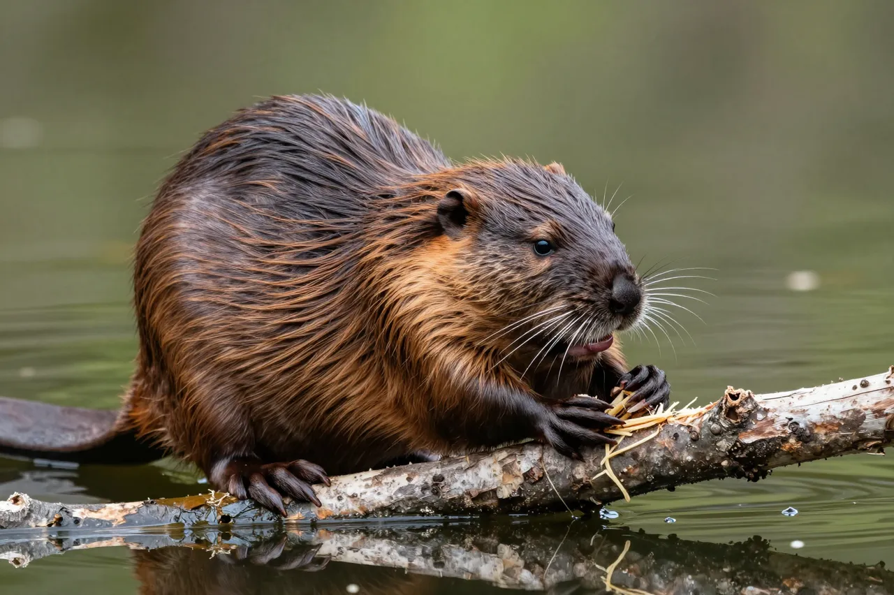 A wet-furred beaver holds and gnaws a wooden branch resting across calm pond water
