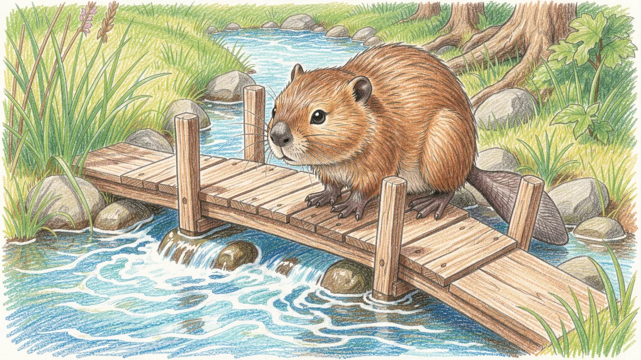 Colored pencil illustration of a cute beaver standing on a small wooden footbridge over a babbling forest stream