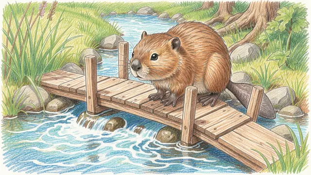 Colored pencil illustration of a cute beaver standing on a small wooden footbridge over a babbling forest stream