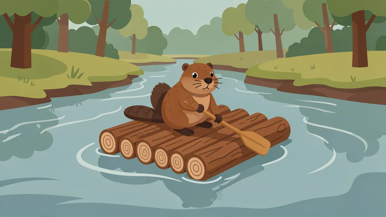 Cute beaver holds a paddle while sitting on a log raft floating down a calm forest river