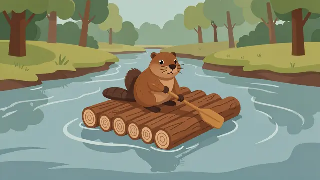 Cute beaver holds a paddle while sitting on a log raft floating down a calm forest river