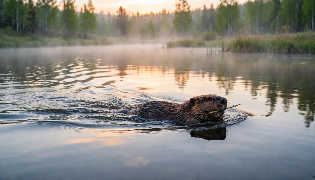 A beaver swims across a misty sunrise pond carrying a small stick in its mouth with a wake trailing behind.