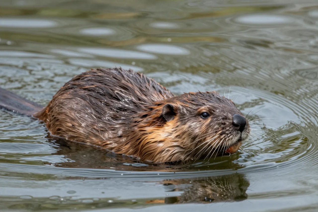 A wet-furred beaver floats and swims in calm rippled pond water, facing toward the camera.