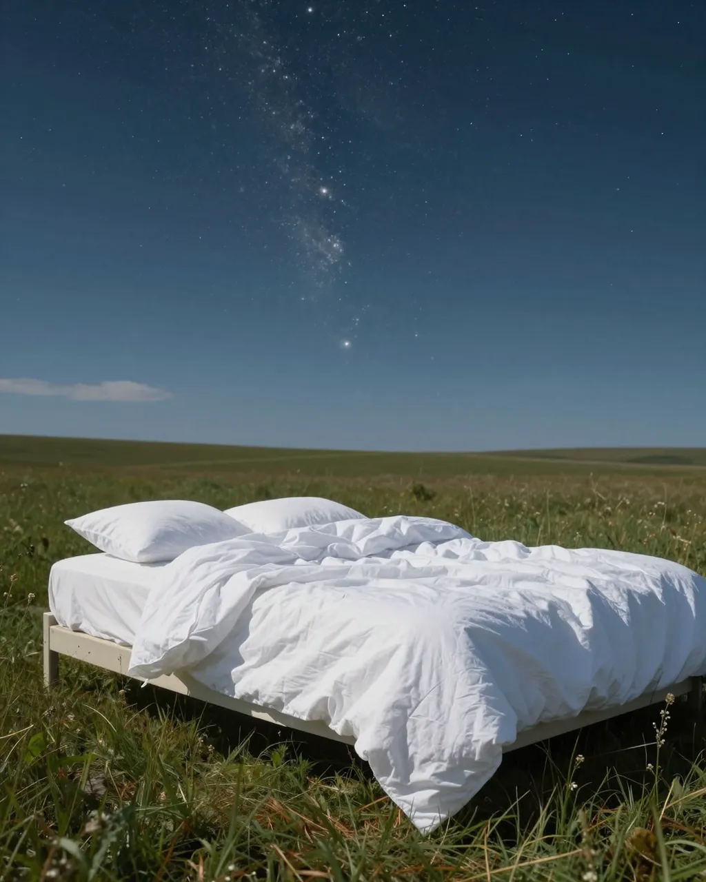 A white bed with rumpled linen sits in an open grassy meadow under a starry night sky