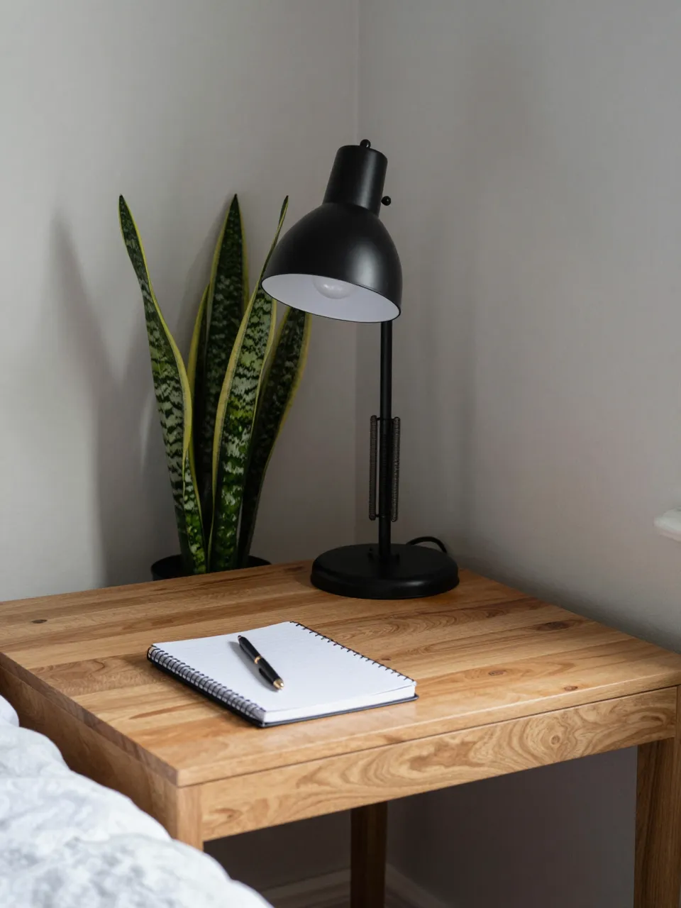Wooden desk in a bedroom corner holds a lamp, notepad, pen and snake plant next to a bed edge