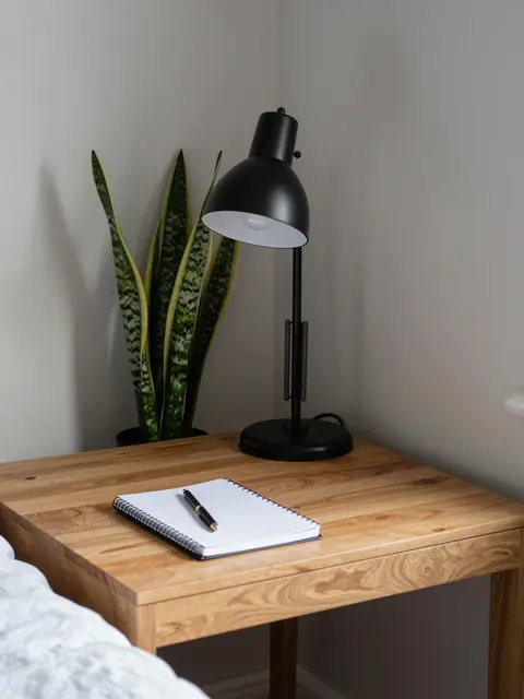 Wooden desk in a bedroom corner holds a lamp, notepad, pen and snake plant next to a bed edge