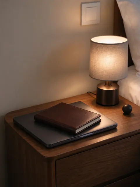 Closed laptop and leather notebook rest on a wooden bedside table next to a glowing table lamp at night