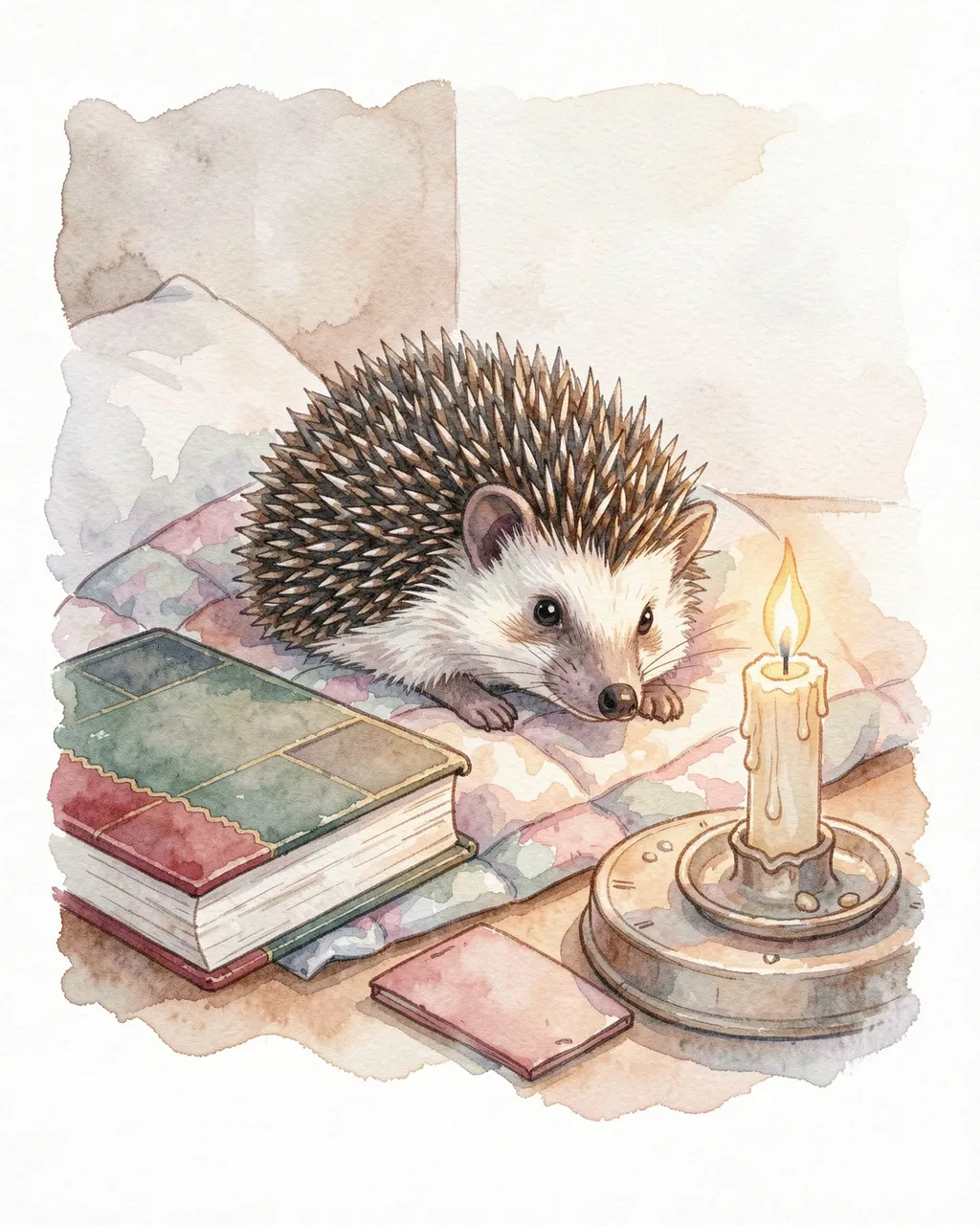 A cute hedgehog rests on a quilt beside books and a lit candle in a cozy bedtime scene