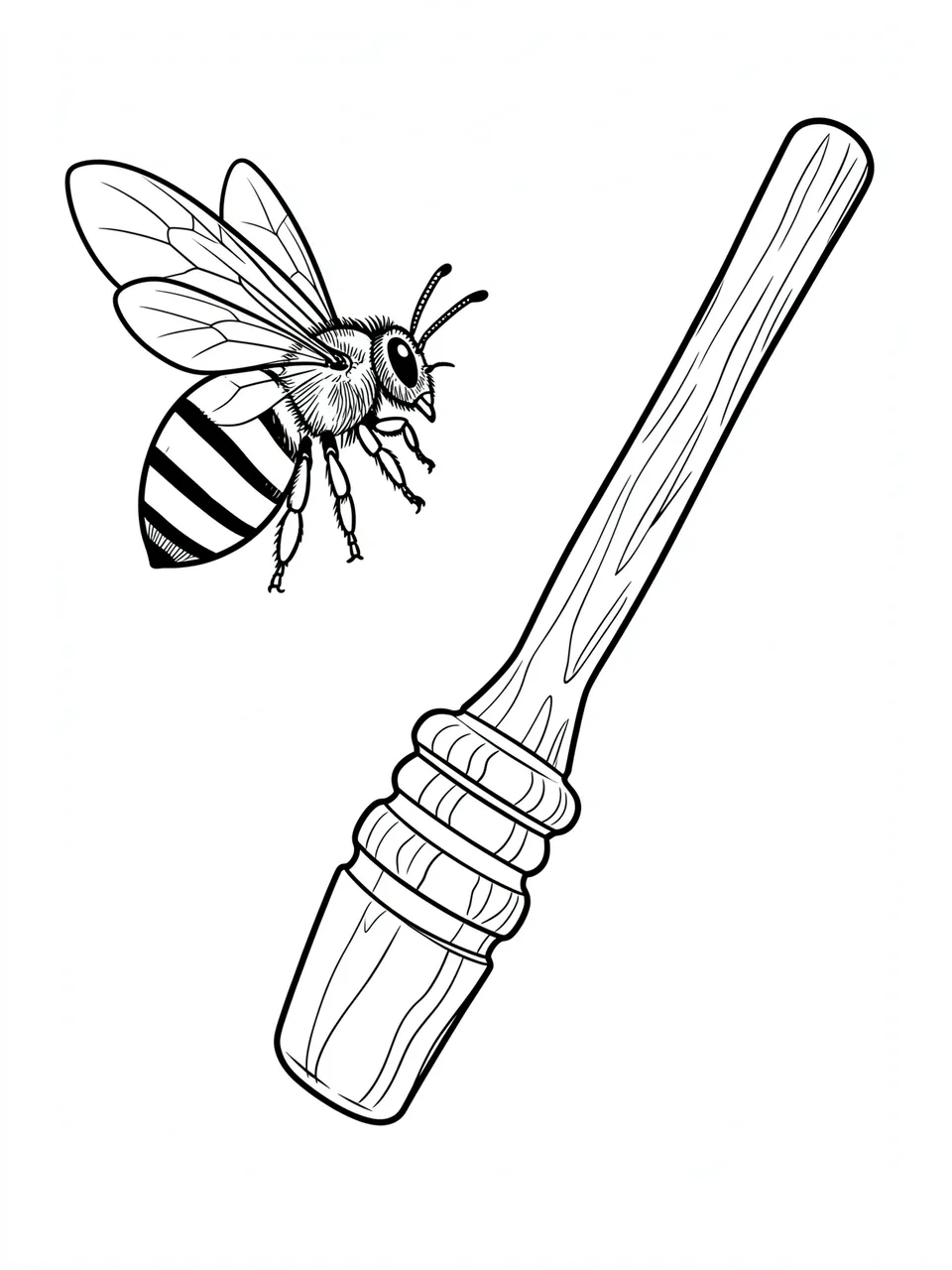 Black and white line art of a hovering honey bee next to a wooden honey dipper on a plain white background