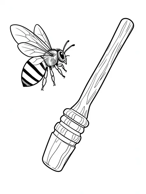 Black and white line art of a hovering honey bee next to a wooden honey dipper on a plain white background