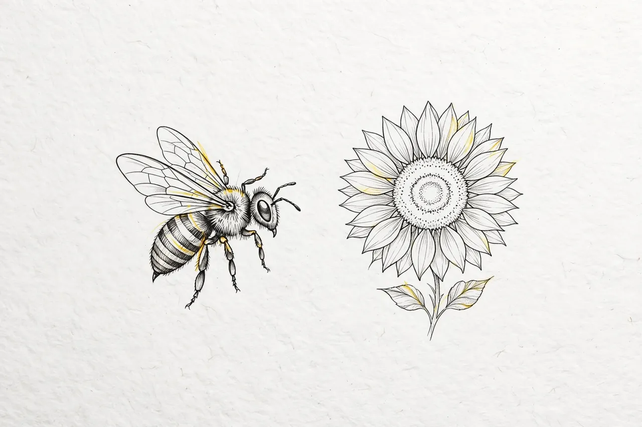 Detailed fine line drawing of a bee and sunflower with subtle yellow accents on textured white paper