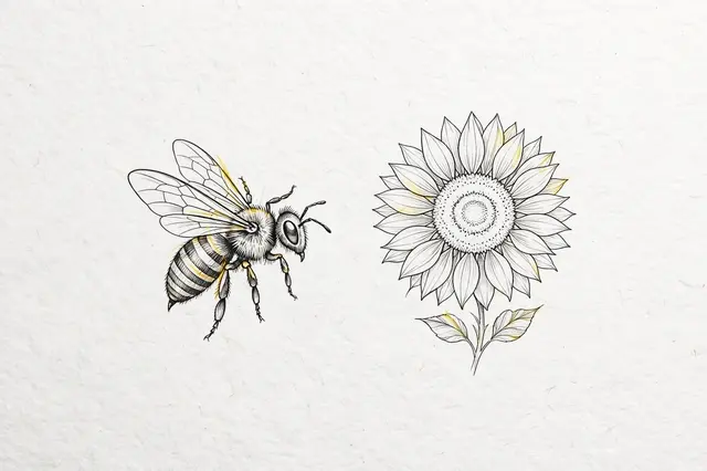 Detailed fine line drawing of a bee and sunflower with subtle yellow accents on textured white paper
