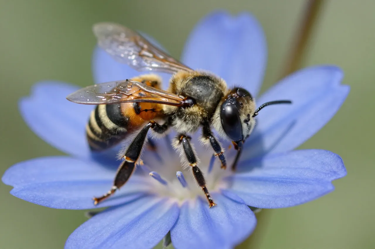 A fuzzy bee rests on the center of a delicate blue flower against a soft out of focus green background