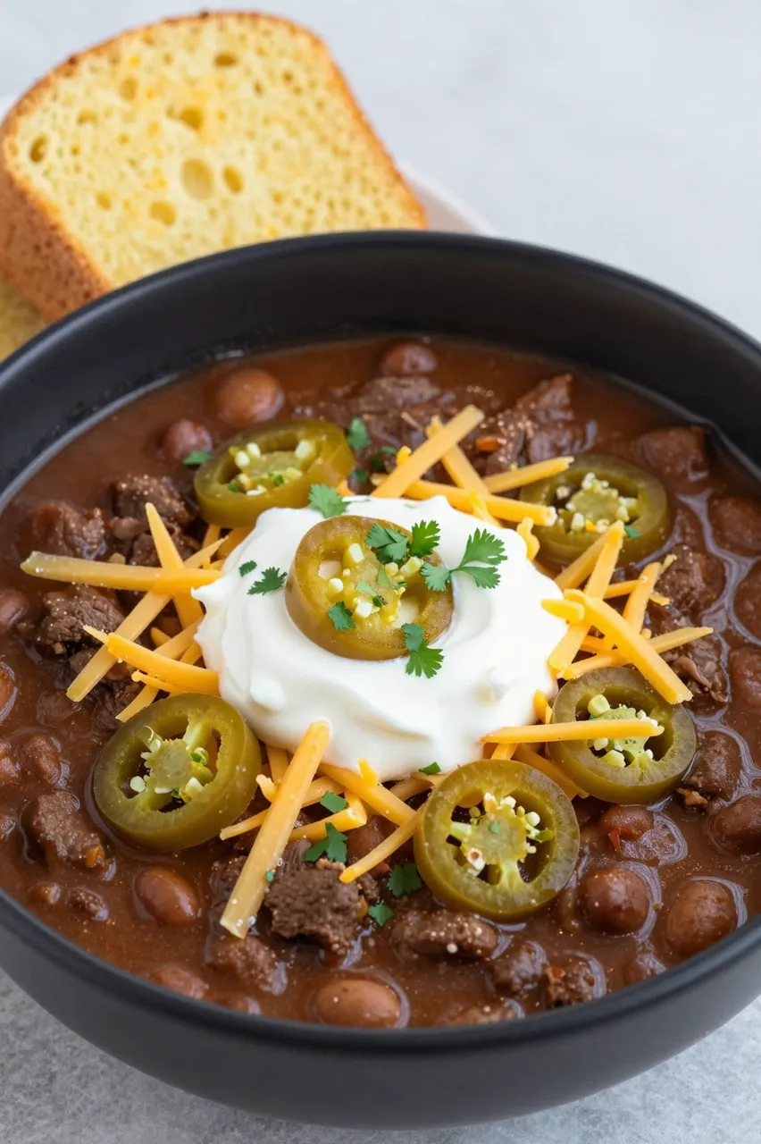 Black bowl of beef and bean chili topped with sour cream, cheddar, jalapenos and cilantro next to cornbread