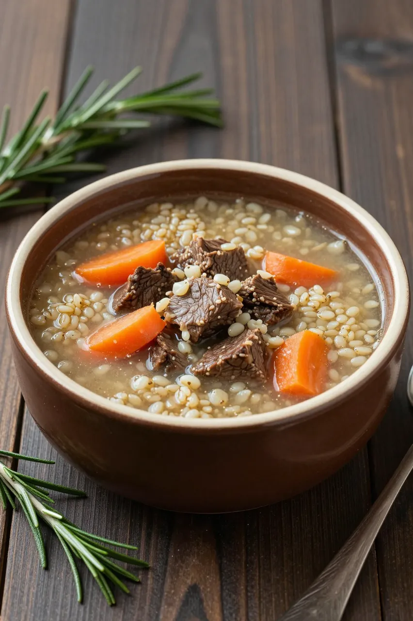 A brown stoneware bowl of beef barley soup sits on a dark wood table with fresh rosemary sprigs