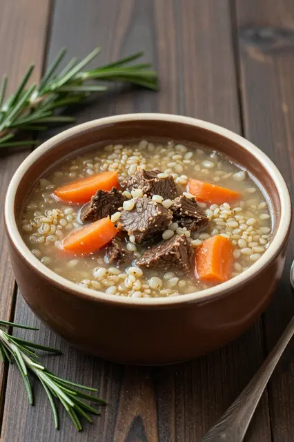 A brown stoneware bowl of beef barley soup sits on a dark wood table with fresh rosemary sprigs