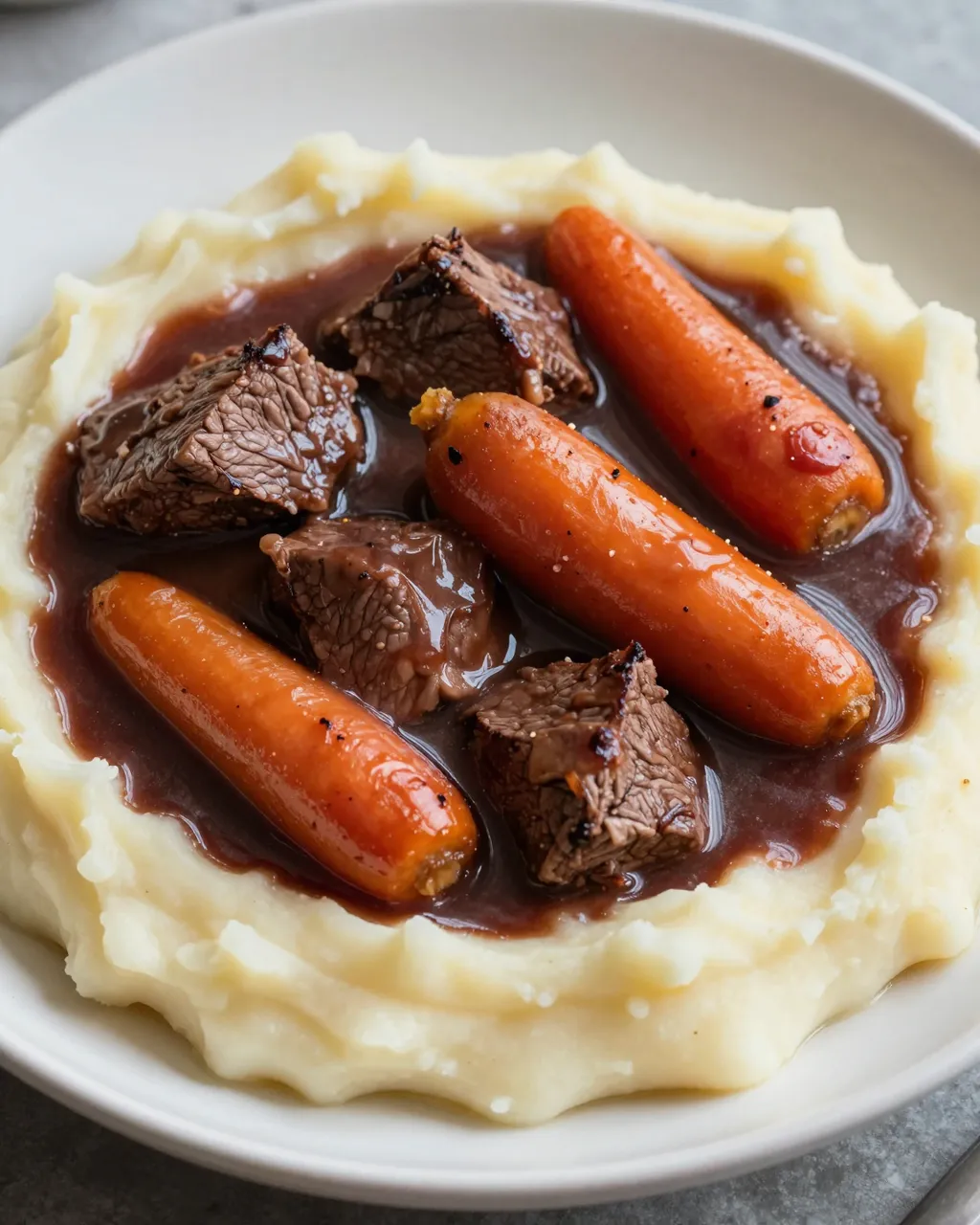 A plated serving of beef bourguignon with whole carrots in red wine sauce over creamy mashed potatoes.