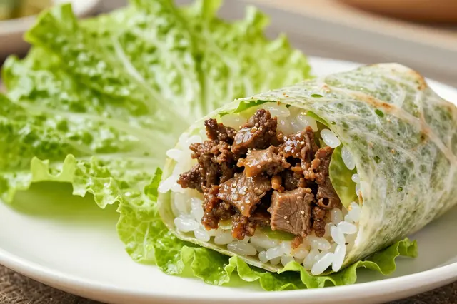 A rice wrap filled with seasoned bulgogi beef sits on a white plate next to fresh lettuce leaves.
