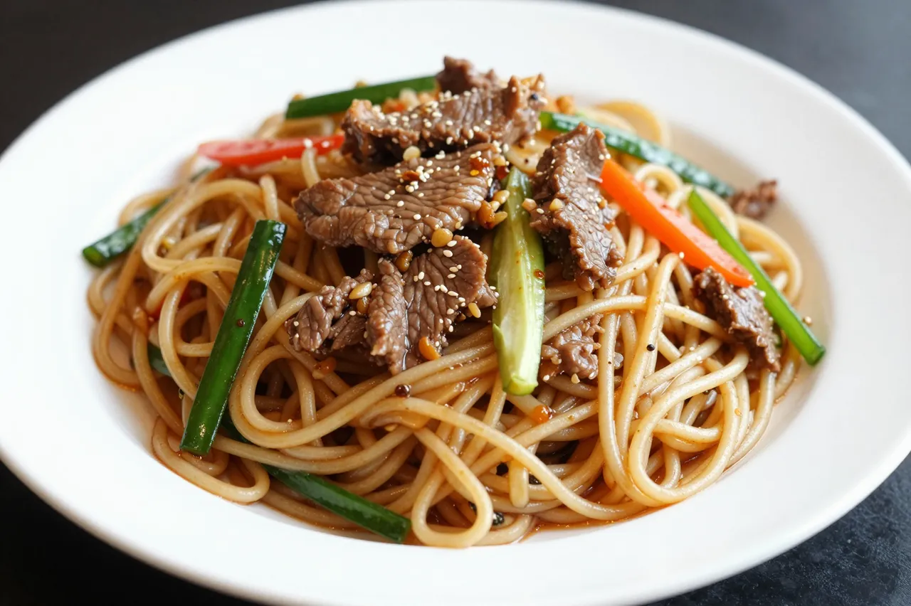 Savory beef chow mein with vegetable strips and sesame seeds served on a white plate