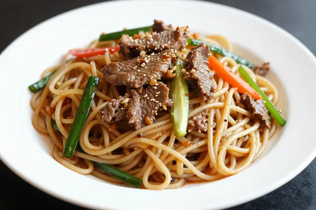 Savory beef chow mein with vegetable strips and sesame seeds served on a white plate