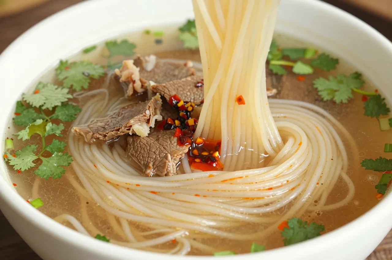 Bowl of hand-pulled beef noodle soup with cilantro, chili oil, and lifted noodles