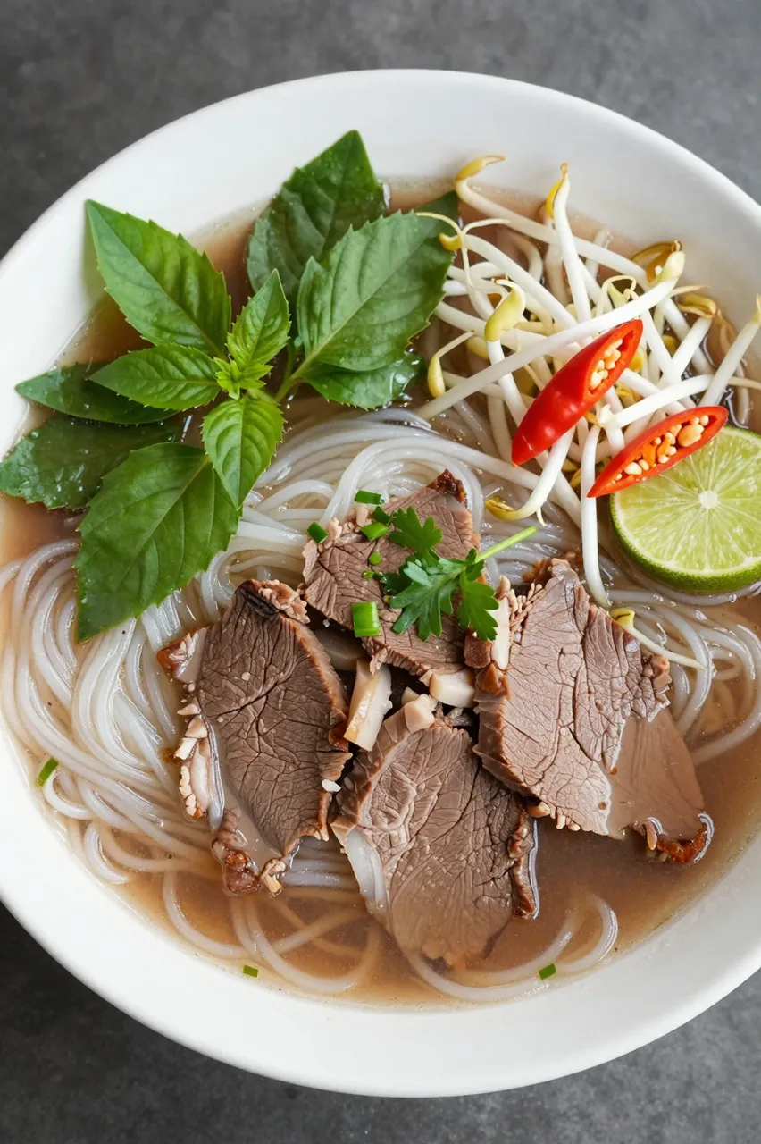 Overhead view of a white bowl of beef pho with noodles, brisket, herbs, bean sprouts, lime and chilies on a dark gray