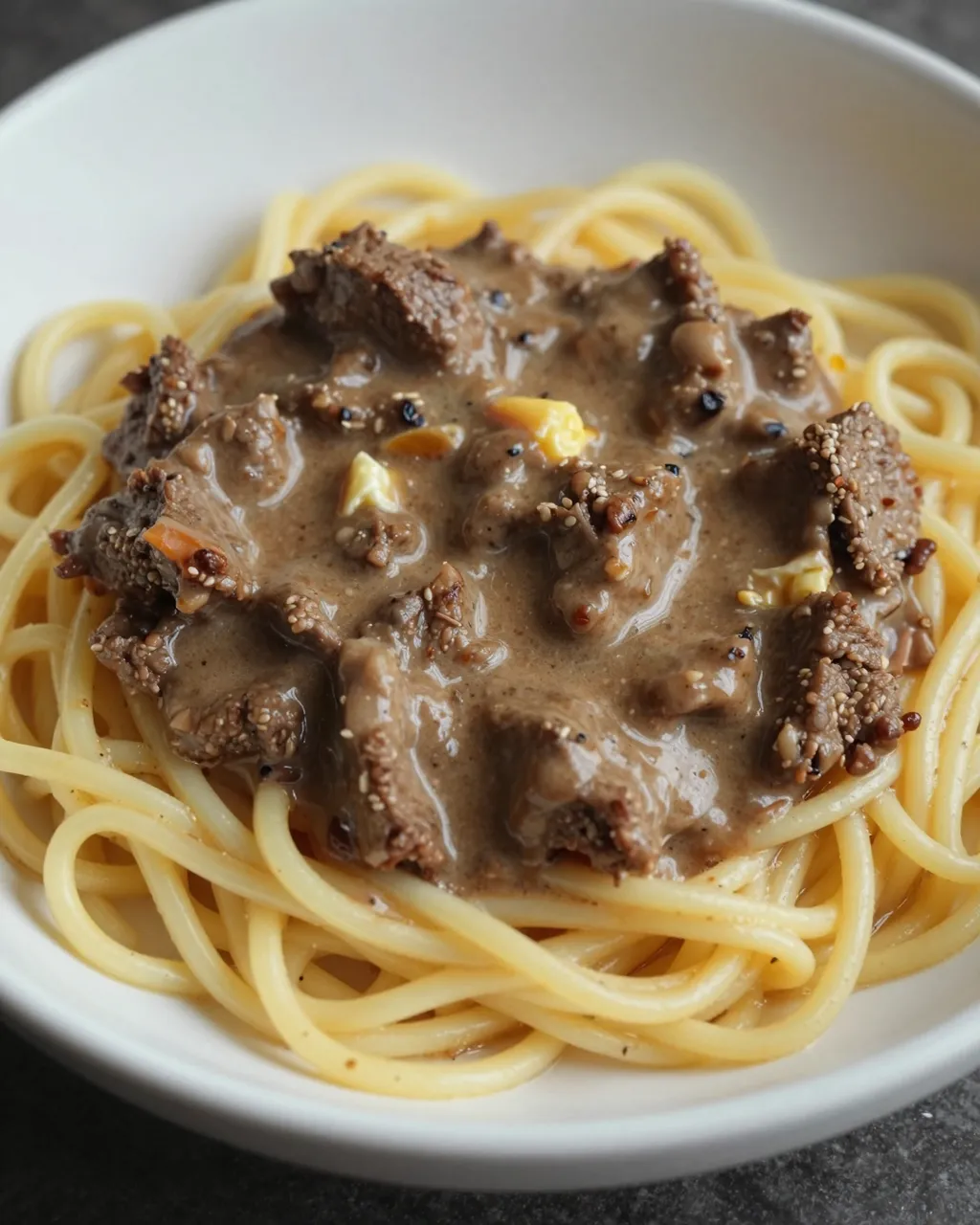 Close-up view of creamy beef stroganoff served over thick egg noodles in a white bowl
