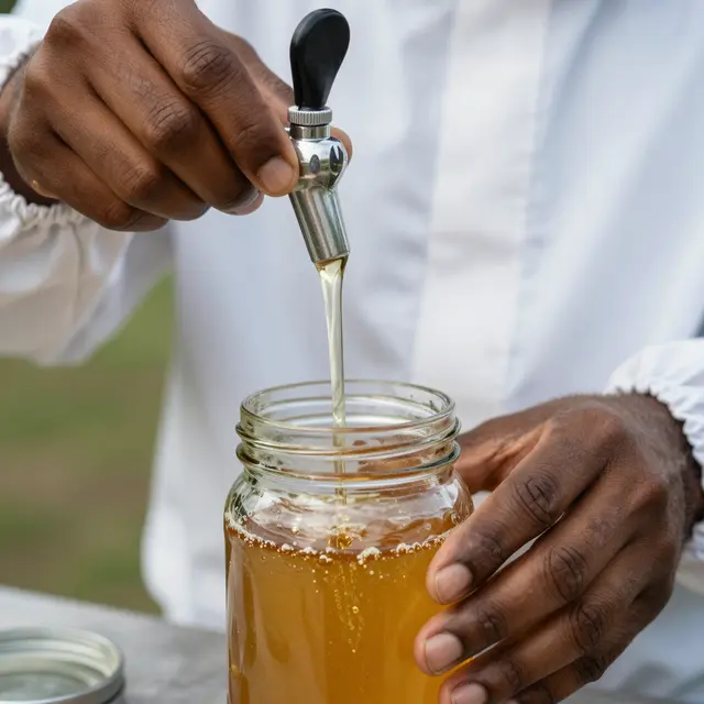 Close up of a Black beekeeper's hands pouring golden honey from a steel tap into a clear glass jar