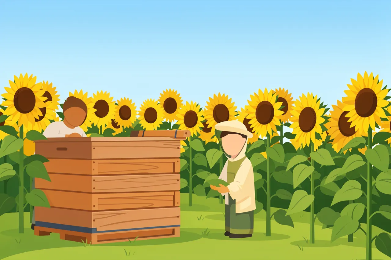 Two faceless beekeepers tend a wooden beehive beside a bright sunflower field under a clear blue sky