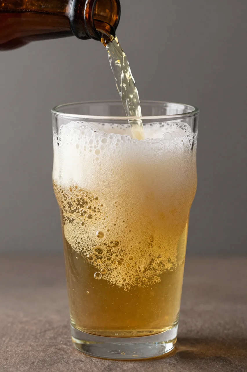 Golden beer pours from a brown bottle into a plain glass topped with rising frothy foam.