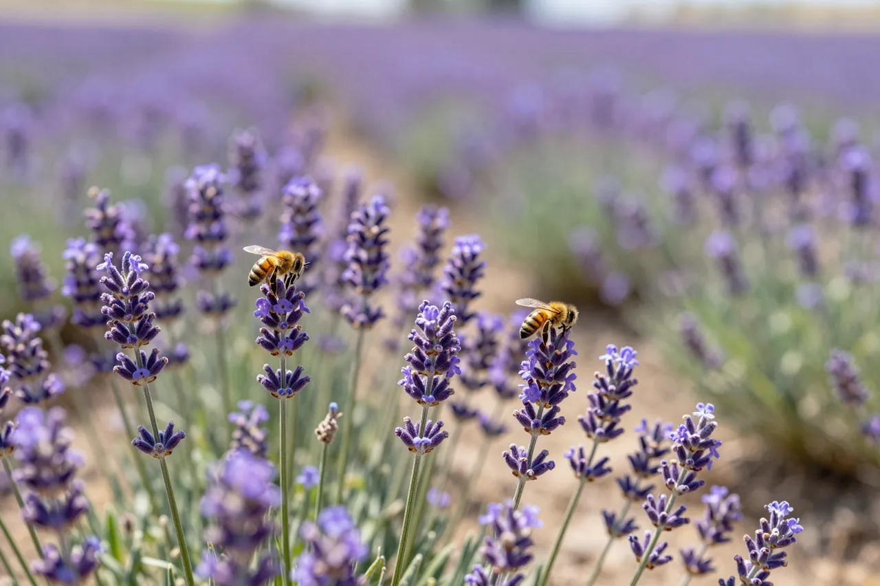 Two honey bees rest on sharp foreground lavender spikes with hazy field rows receding into bright noon light.