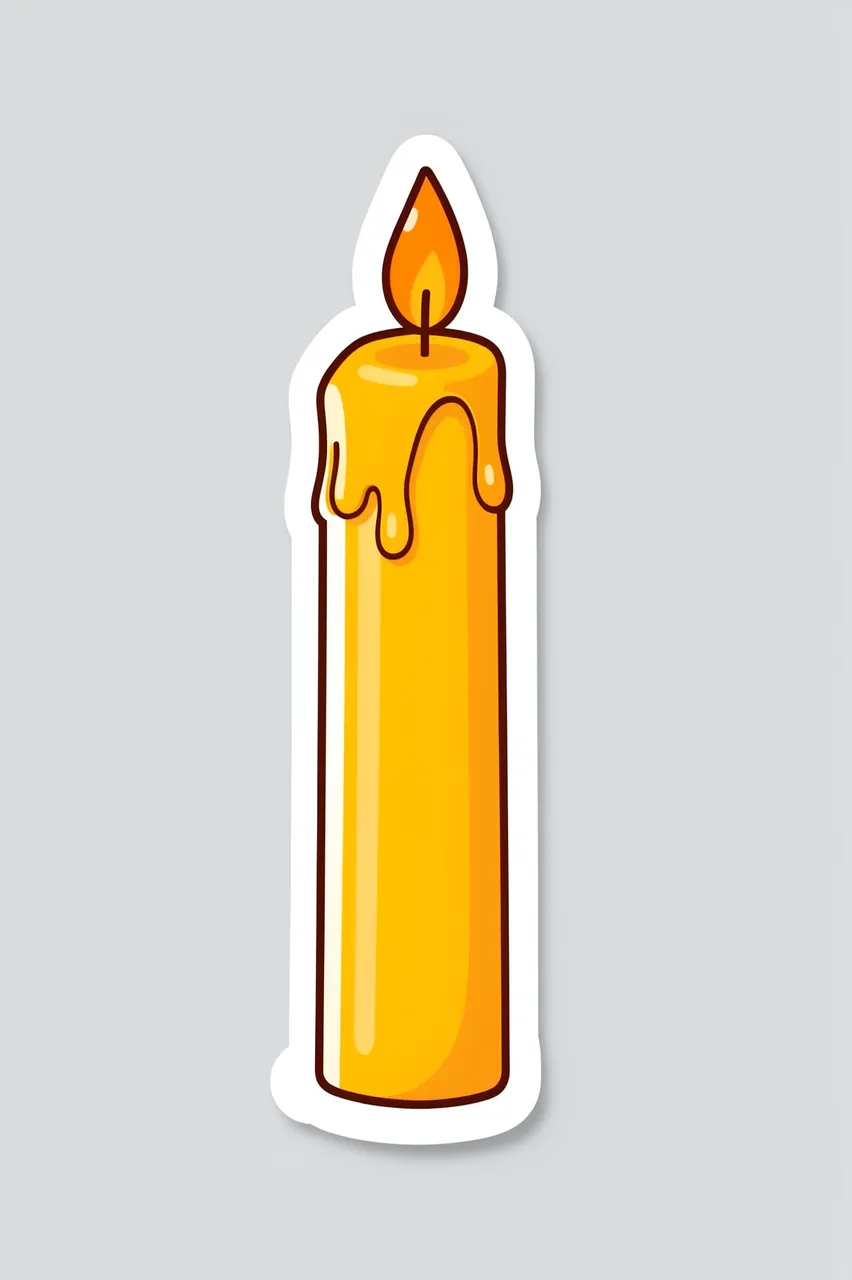 Die cut sticker illustration of a lit beeswax taper candle on a light gray background