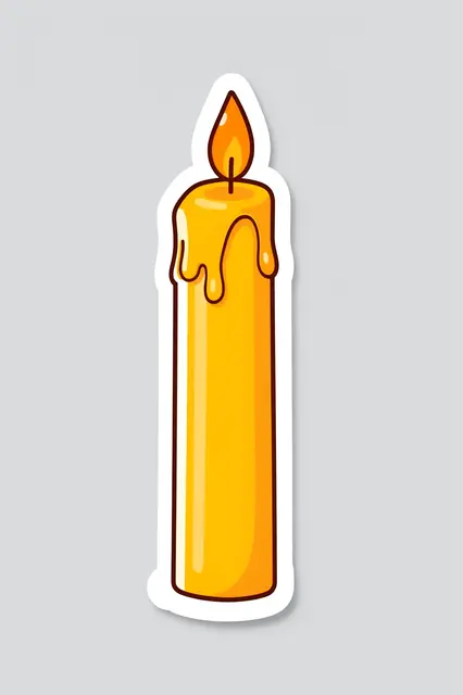 Die cut sticker illustration of a lit beeswax taper candle on a light gray background