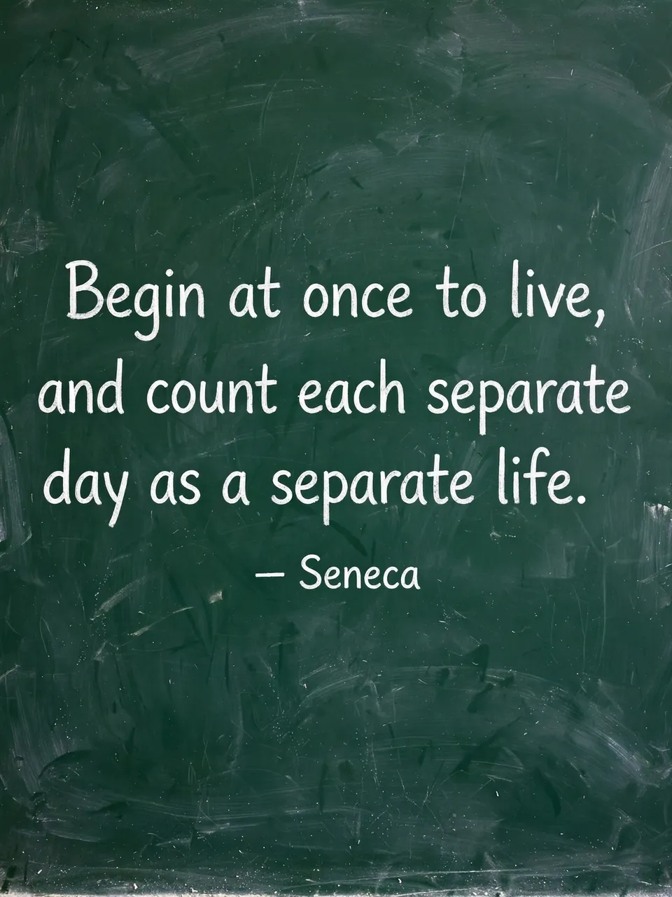 White chalk lettering of the quote "Begin at once to live, and count each separate day as a separate life." on a worn green