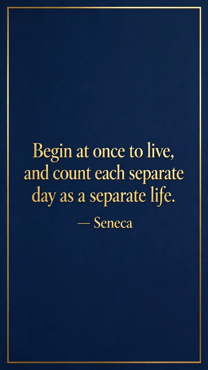 Deep navy background with thin gold border displaying the quote "Begin at once to live, and count each separate day as a