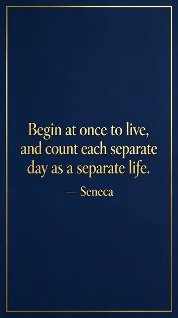 Deep navy background with thin gold border displaying the quote "Begin at once to live, and count each separate day as a