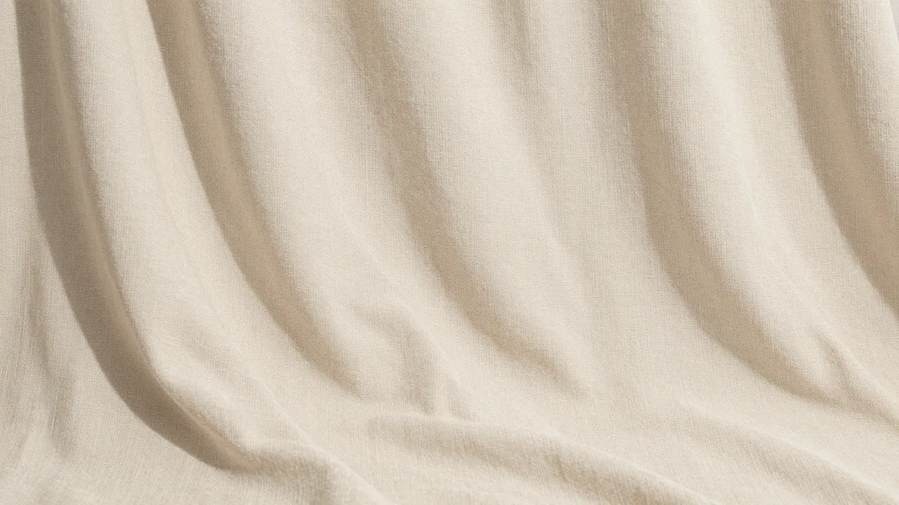 Soft draped beige linen fabric with gentle natural folds lit by warm daylight
