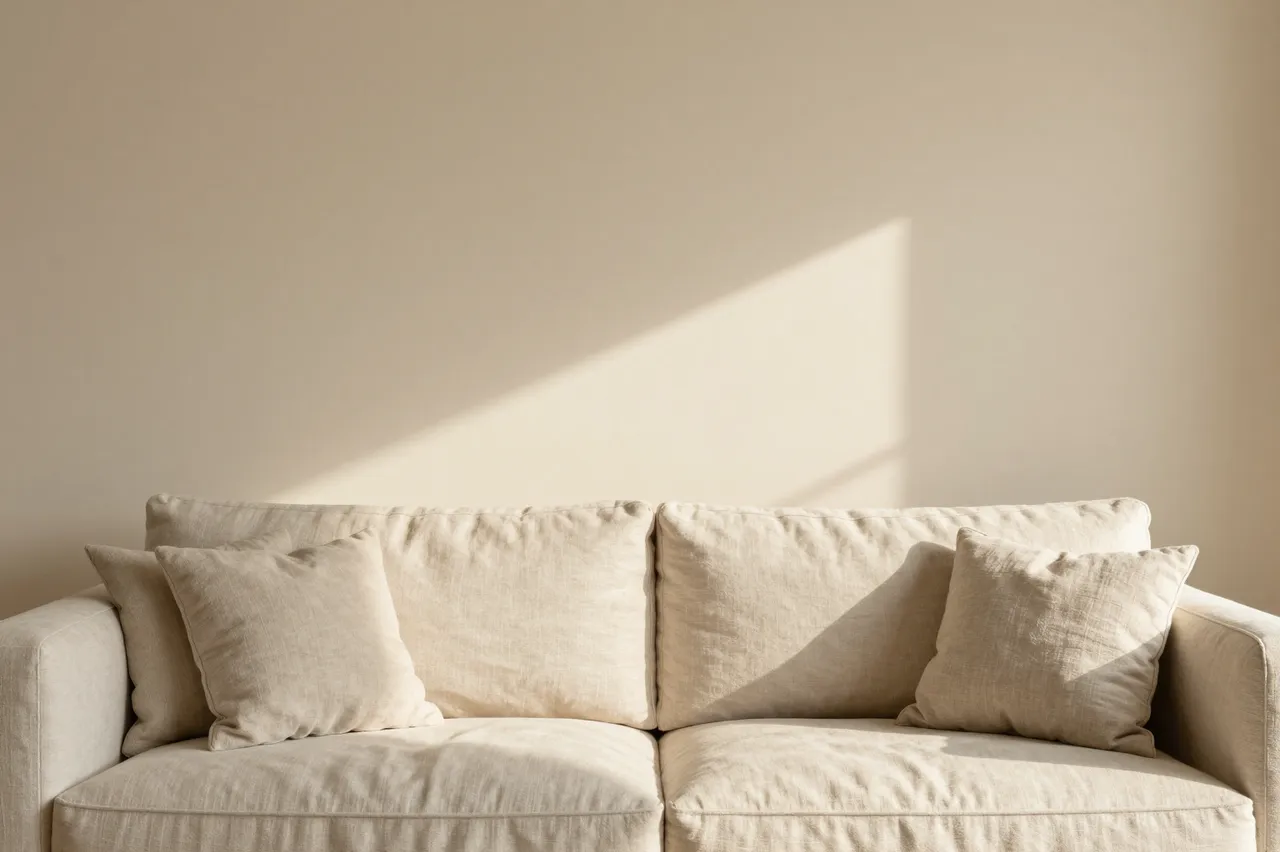 Empty beige linen sofa sits beneath a warm blank wall lit by soft afternoon sunlight