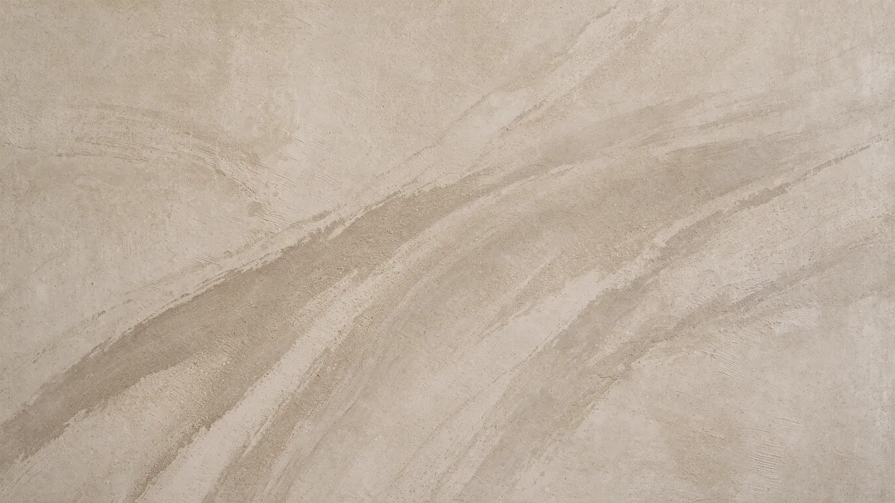 Full frame close-up of satin sealed sand beige microcement with soft sweeping darker tonal arcs