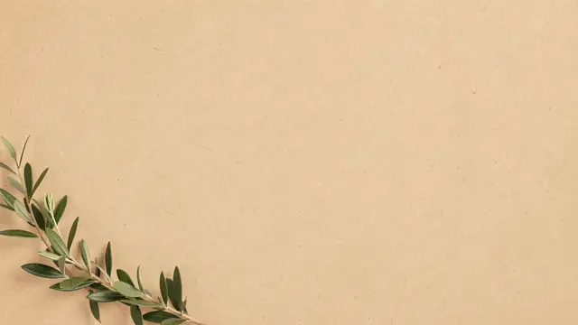 Green botanical sprig rests in the bottom left corner of a warm textured beige paper background with large blank copy space