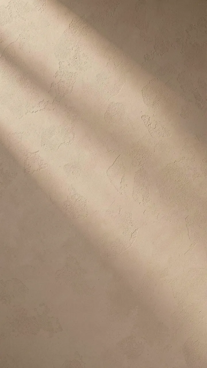Soft diagonal sunlight falls across a textured beige plaster surface with empty copy space below