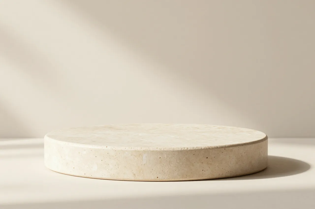 A round travertine stone product podium sits against a warm off-white background with soft window shadows