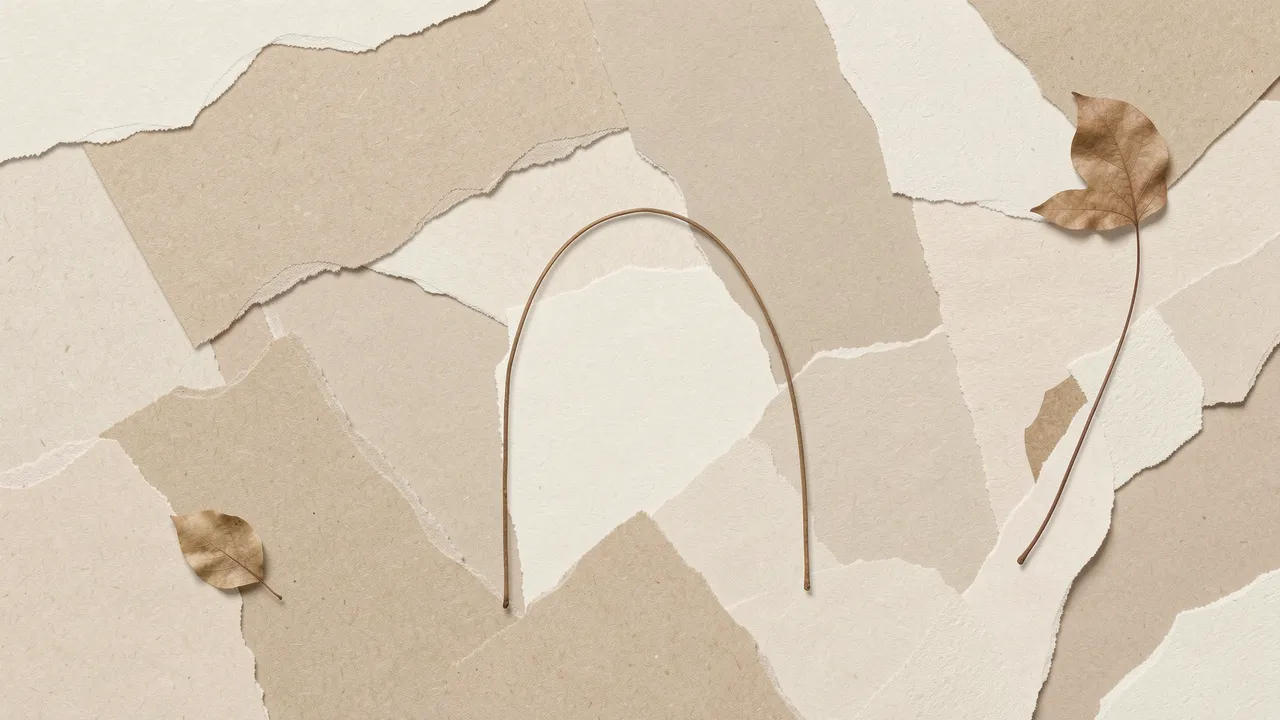 A minimalist collage of torn beige and cream paper with a thin wire arch and dried leaves as desktop wallpaper
